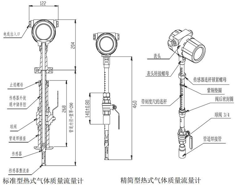 分体式热式气体质量流量计插入式结构尺寸图